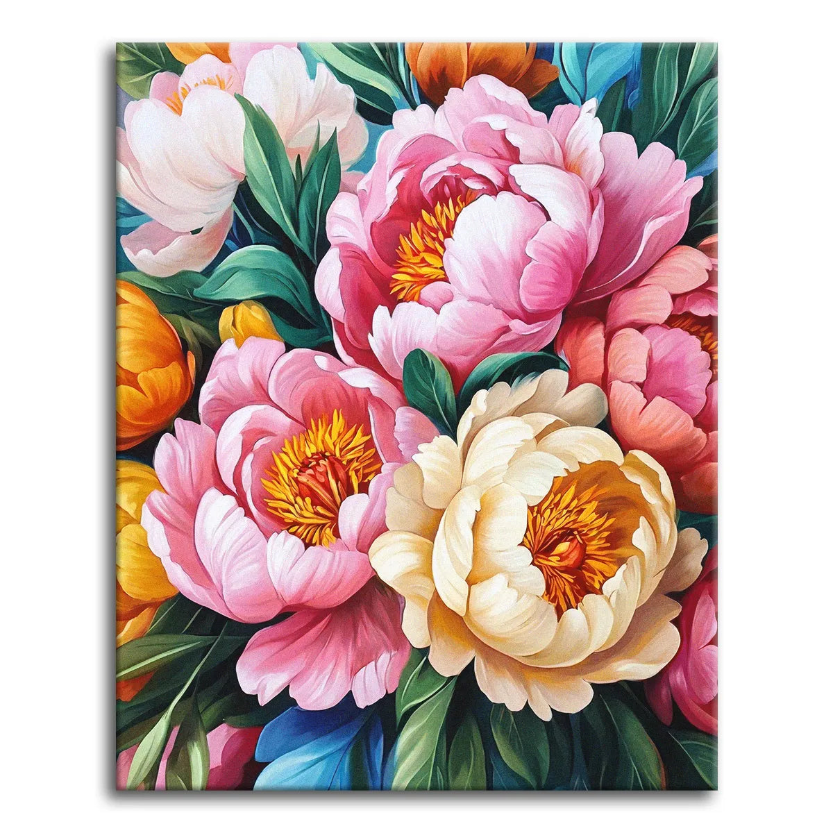 Oversized pink, cream, and coral peonies with golden centers against deep green and blue foliage in a crisp, saturated style, shown as a paint by numbers canvas.