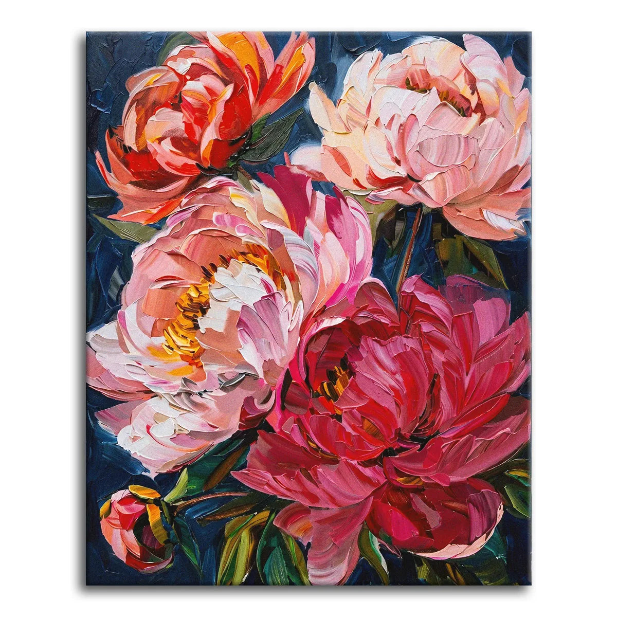 A bold, painterly paint by numbers floral of large coral, blush, and magenta peonies with thick textured petals, set against a deep dark blue background.