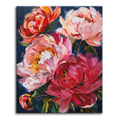 A bold, painterly paint by numbers floral of large coral, blush, and magenta peonies with thick textured petals, set against a deep dark blue background.