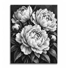 A black and white peony paint by numbers design showing ruffled open peonies and round buds among long pointed leaves on a dark background.