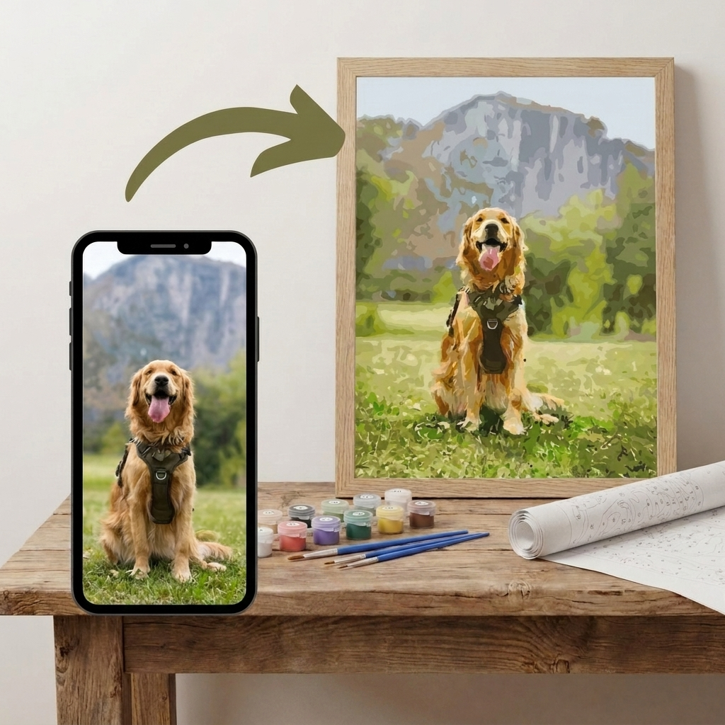 Pet Paint by Number kit made from a favorite dog or cat photo for a personalized animal portrait canvas
