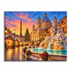 At Christmas in Rome, Piazza Navona glows with market stalls, an obelisk fountain, domed architecture, and wet reflections in a paint by numbers design for a Roman Christmas scene.