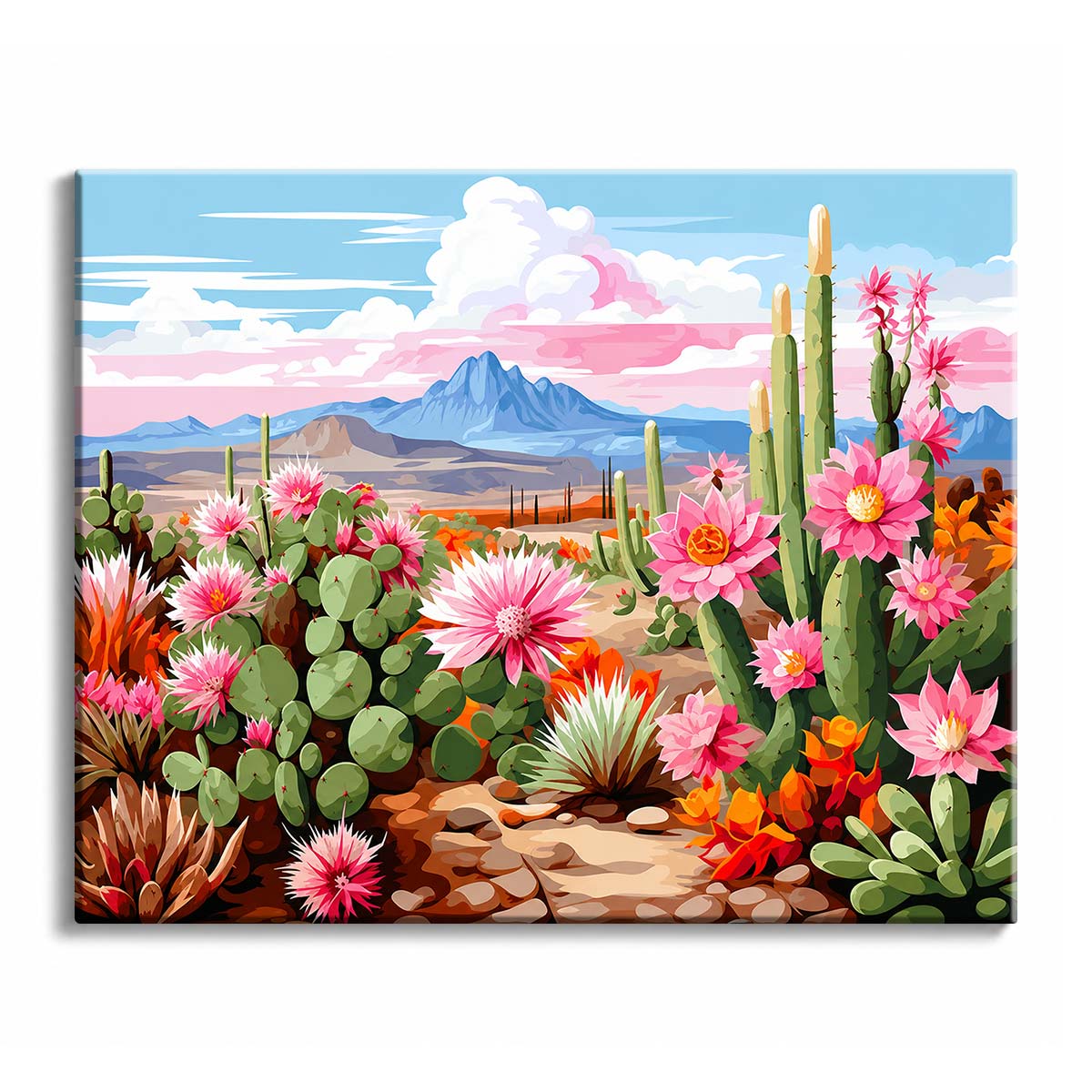 Pink cactus flowers fill the foreground of a desert scene with saguaro cactus, a stony path and blue mountains under a pink-streaked sky, in a paint by numbers design.