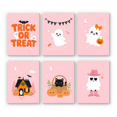 A pink halloween paint by numbers mini set showing six blush-pink designs with cute ghosts, a black cat in a pumpkin basket, and a haunted cottage.
