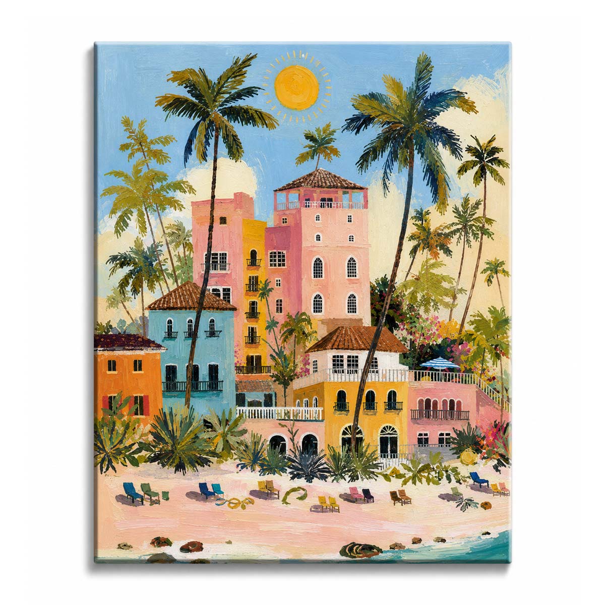 Palms cross in front of a pink hotel tower and pastel villas above a beach lined with loungers, in a paint by numbers design.