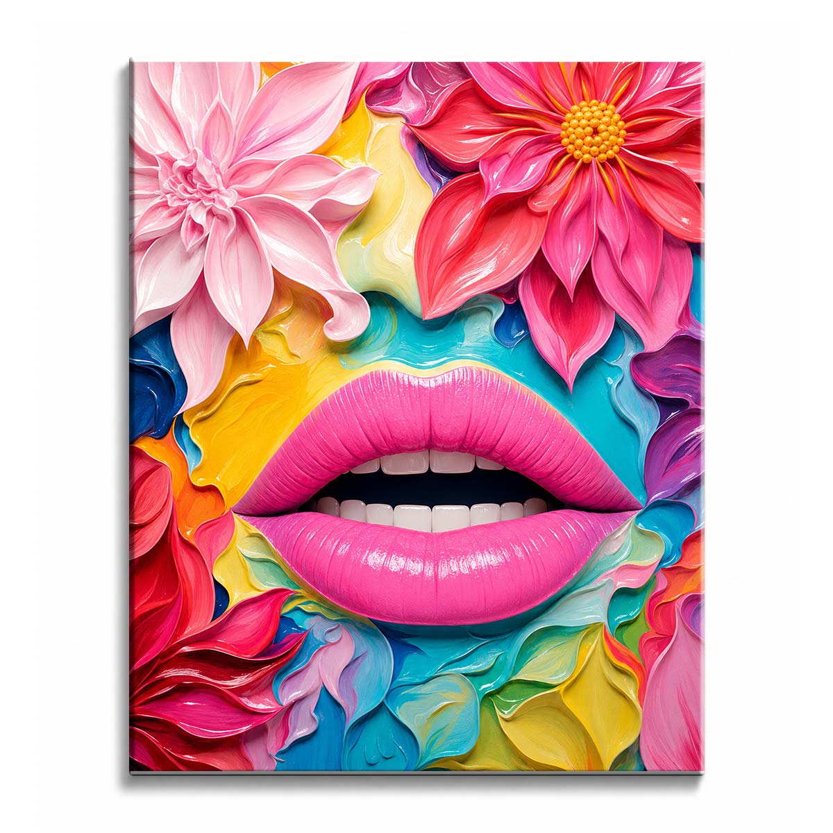 Glossy pink lips part over white teeth among dahlias and swirls of color, in a paint by numbers design.