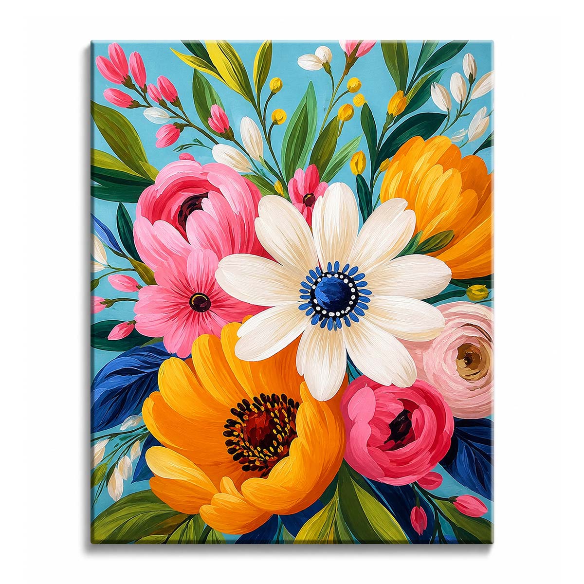 A bouquet of pink, orange, and white flowers on a turquoise background, in a paint by numbers design.