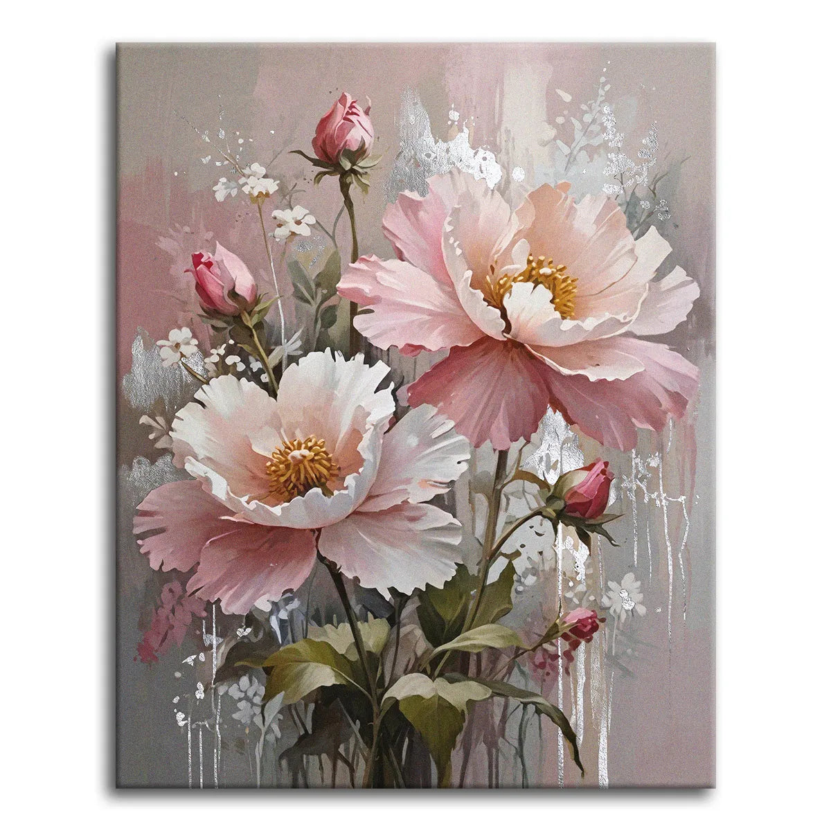Two soft pink peonies with golden centers and rosebuds against a silvery, modern dripped background, shown as a paint by numbers canvas.