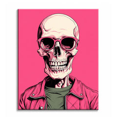 A pink skull paint by numbers design showing a grinning skull in round sunglasses and a pink leather jacket on hot pink.