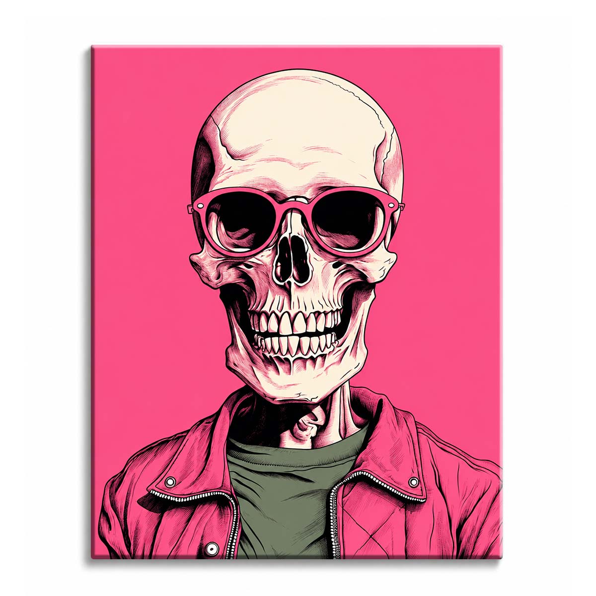 A pink skull paint by numbers design showing a grinning skull in round sunglasses and a pink leather jacket on hot pink.