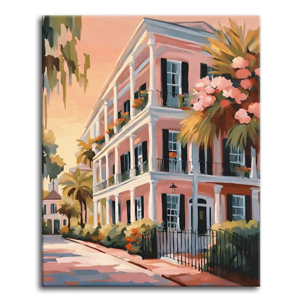 A paint by numbers pink antebellum Southern mansion at golden hour with black shutters, balconies, palms, and Spanish moss.
