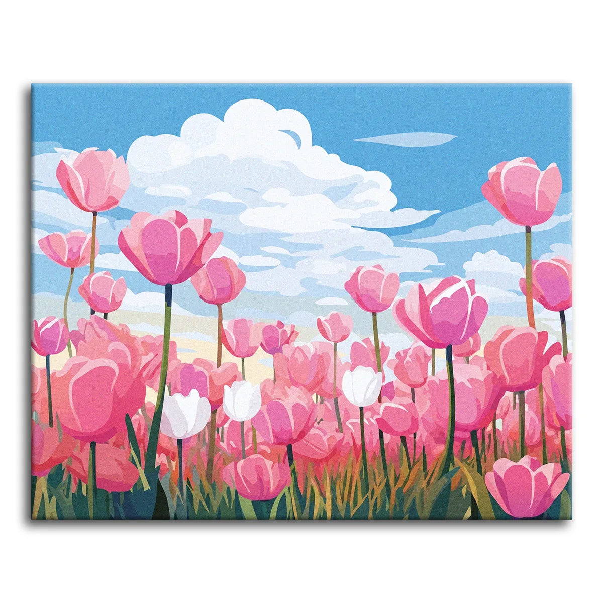 A field of pink and white tulips reaching up into a bright blue sky with soft white clouds, shown as a paint by numbers canvas.