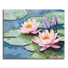 A paint by numbers scene of two pink water lilies with golden centers and violet buds among green lily pads on blue water.
