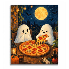 On a moonlit terrace, two ghosts share a pepperoni pizza with a cheese pull mid-stretch, in a paint by numbers design.