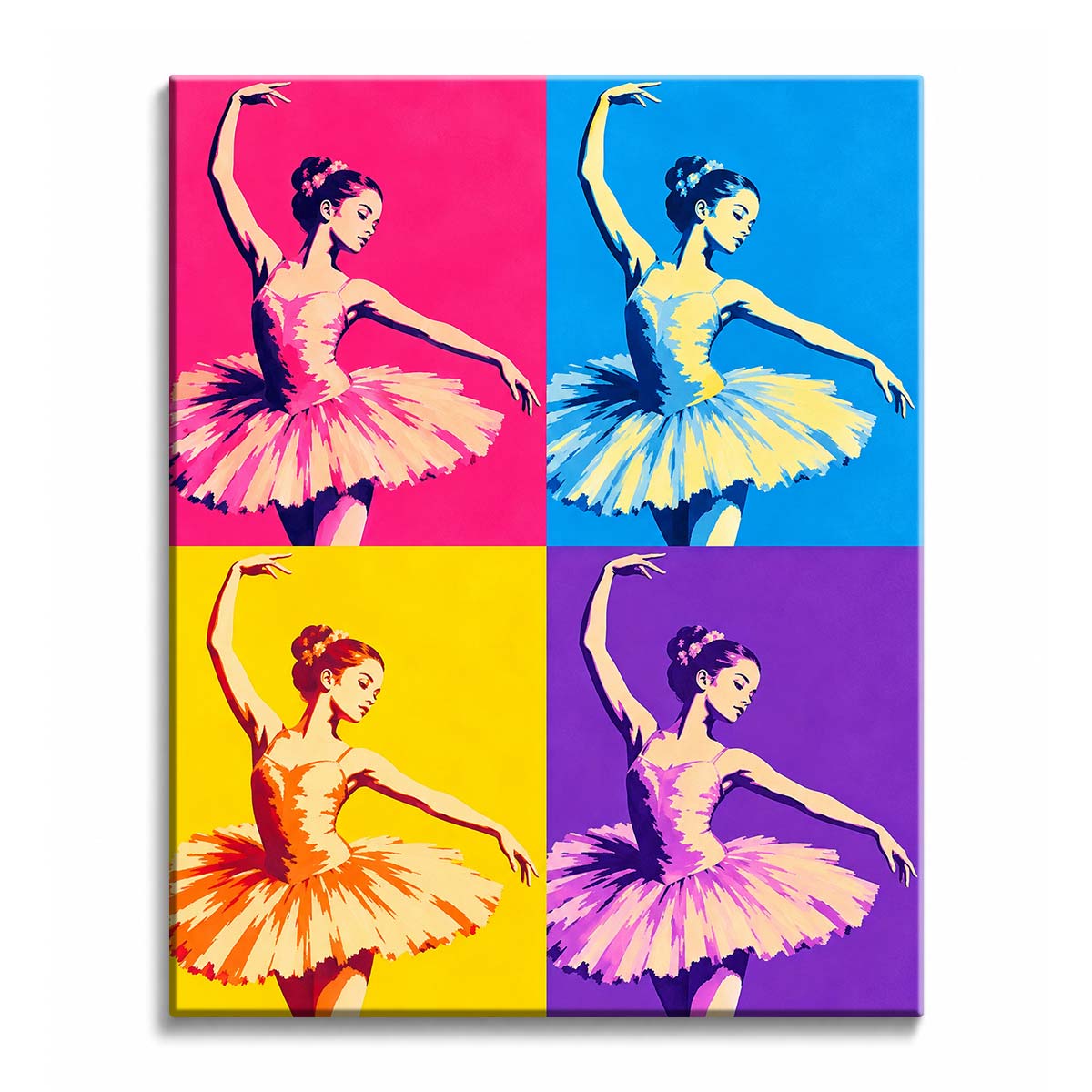 Across contrasting color panels, a pop art ballerina repeats the same ballet pose in a paint by numbers design with pink, blue, yellow, and purple fields.