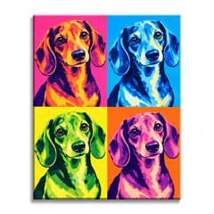 Color changes sweep across a long-eared dog in a pop art beagle paint by numbers design, with the portrait repeated over pink, blue, yellow, and orange panels.
