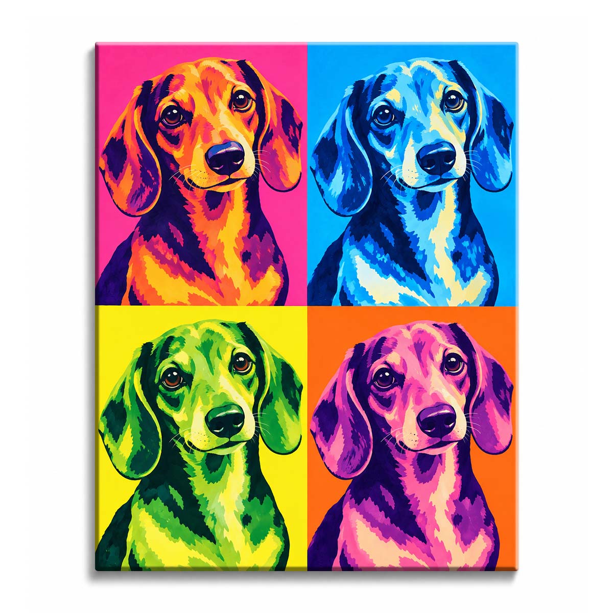 Color changes sweep across a long-eared dog in a pop art beagle paint by numbers design, with the portrait repeated over pink, blue, yellow, and orange panels.