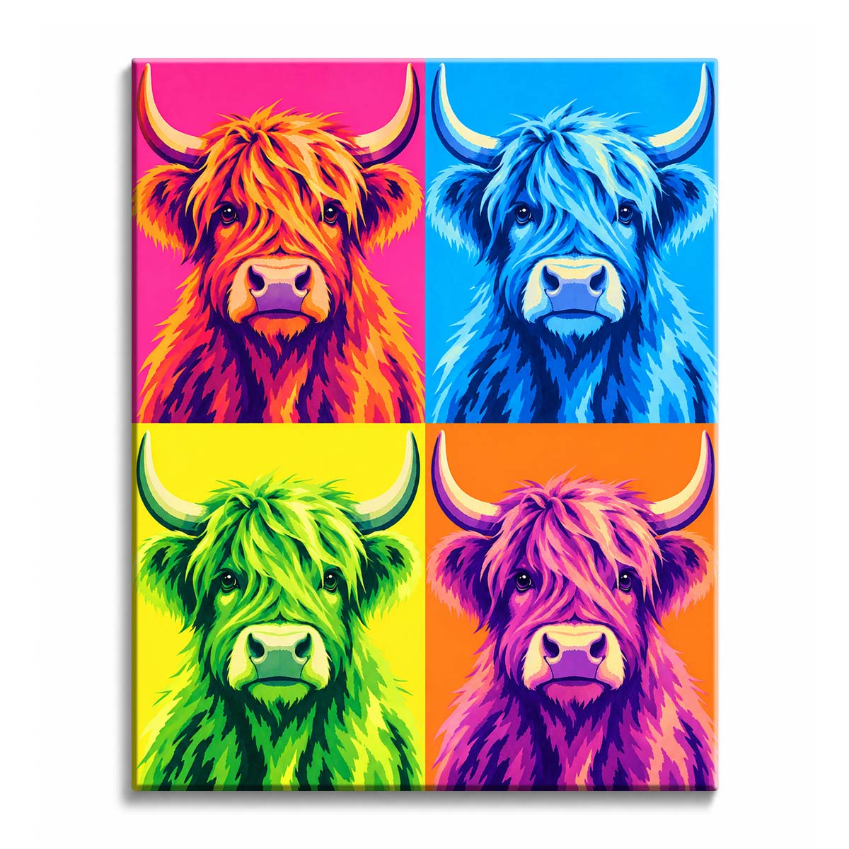 In a repeated portrait grid, a pop art Highland cow paint by numbers design shifts the shaggy coat between pink, blue, green, and violet palettes beneath curved horns.