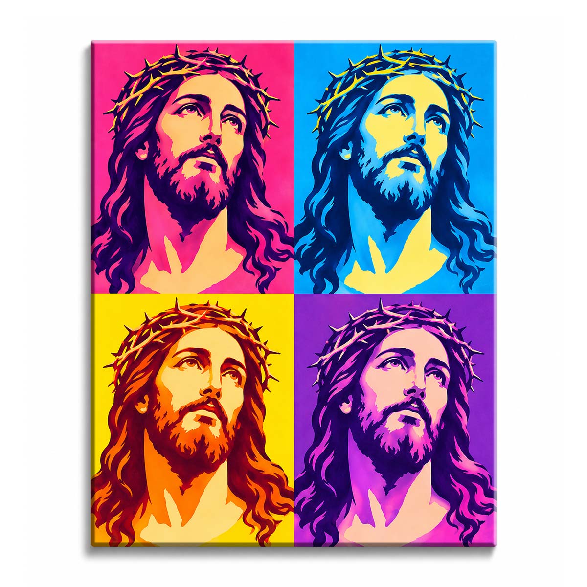 A pop art Jesus paint by numbers design showing the crown-of-thorns portrait repeated across pink, blue, yellow, and purple color panels.