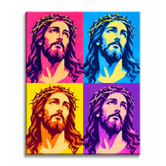 A pop art Jesus paint by numbers design showing the crown-of-thorns portrait repeated across pink, blue, yellow, and purple color panels.