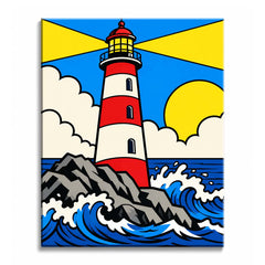 Yellow beacon rays cross a blue sky in a pop art lighthouse paint by numbers design, above gray rocks and curling blue surf.