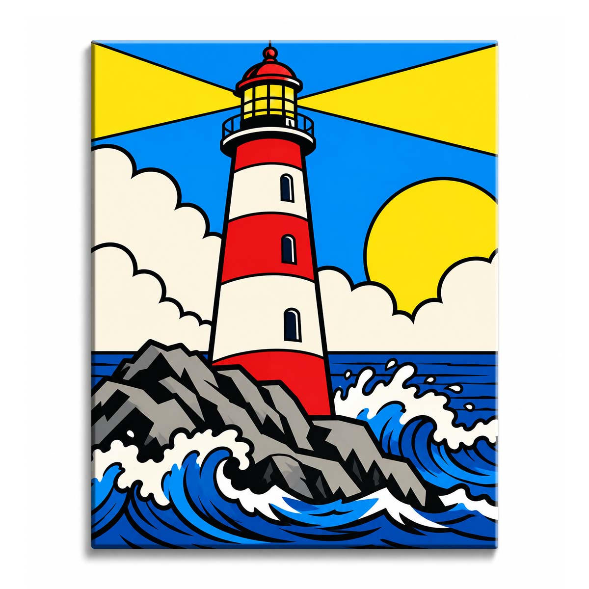 Yellow beacon rays cross a blue sky in a pop art lighthouse paint by numbers design, above gray rocks and curling blue surf.