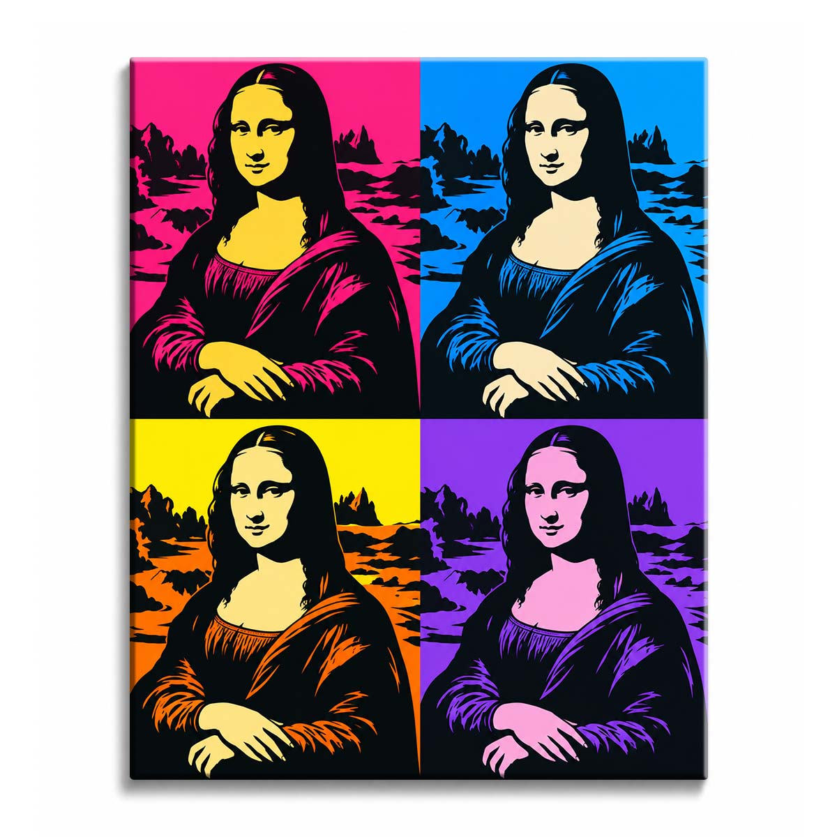A pop art Mona Lisa paint by numbers design repeats the portrait across pink, blue, yellow, and purple panels with black outlines.