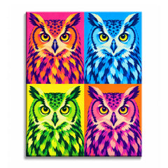 Saturated pink, blue, green, and orange palettes shift around a wide-eyed owl in a pop art owl paint by numbers design with layered feather blocks.