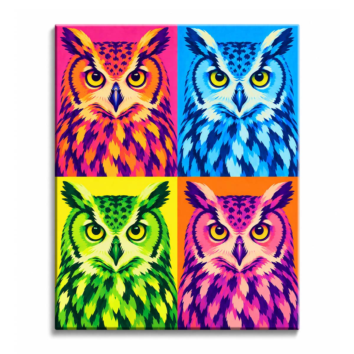 Saturated pink, blue, green, and orange palettes shift around a wide-eyed owl in a pop art owl paint by numbers design with layered feather blocks.