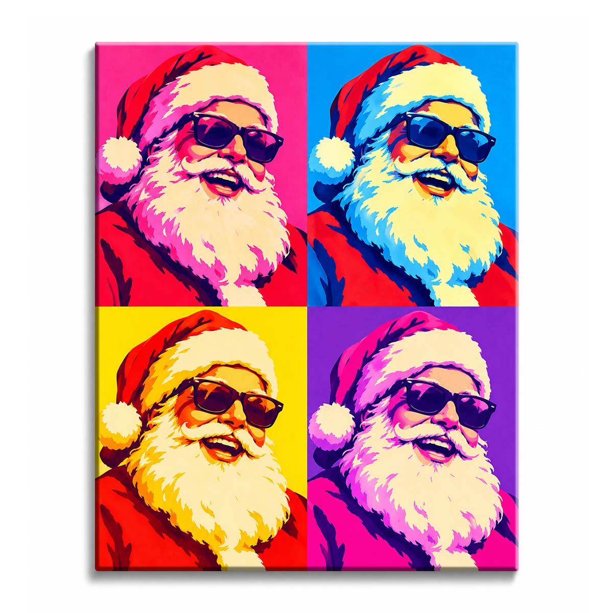 Against blocks of hot pink, blue, yellow, and purple, Santa in sunglasses repeats in a pop art Santa paint by numbers design with a white beard and red suit.