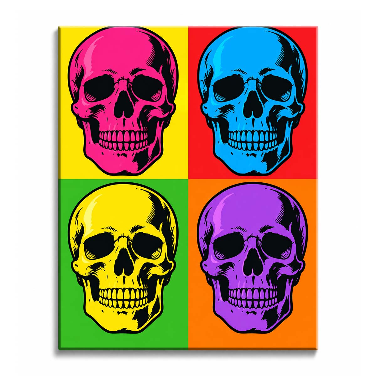 Across a grid of saturated panels, a pop art skull paint by numbers design repeats the skull in pink, blue, yellow, and purple with black sockets and teeth.