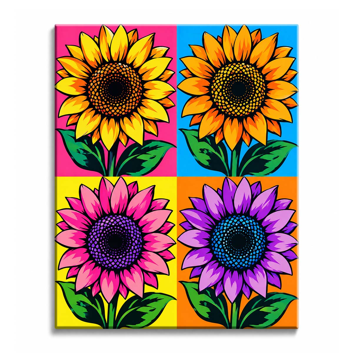A pop art sunflower paint by numbers design repeats the bloom across pink, blue, yellow, and orange panels, with dark seed centers and green leaf shapes.