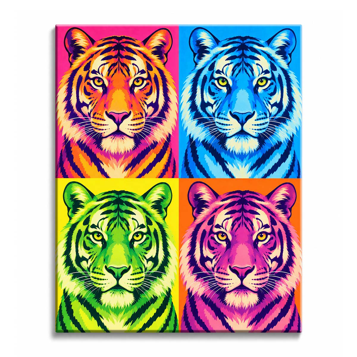 Across saturated color panels, a pop art tiger paint by numbers design repeats a frontal striped portrait with a pale muzzle and dark graphic markings.