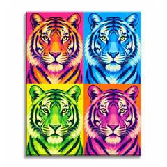 Across saturated color panels, a pop art tiger paint by numbers design repeats a frontal striped portrait with a pale muzzle and dark graphic markings.