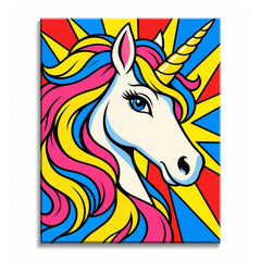 Against a red, yellow, and blue comic burst, a cream unicorn with a pink, yellow, and blue mane fills this pop art unicorn paint by numbers design.
