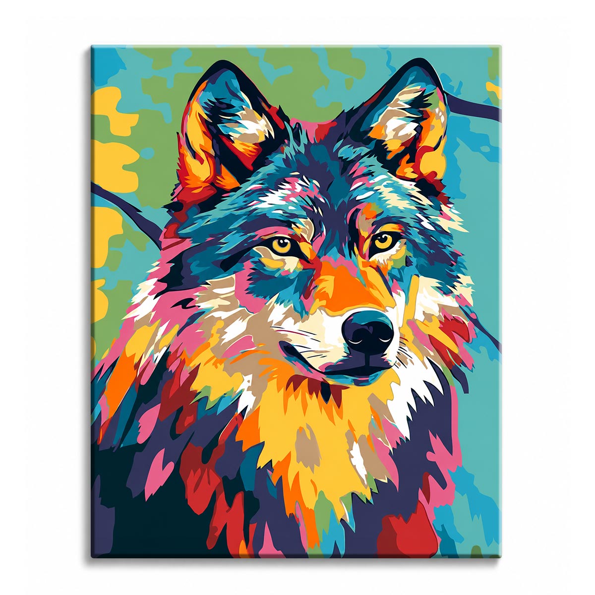 A wolf portrait in bold pop art colors of pink, yellow, teal and navy against a green background, shown as a paint by numbers canvas.
