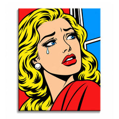 A tear falls beneath the blue eye of a blonde pop art woman with yellow hair and red lips against red, blue, black, and white panels in a paint by numbers design with thick comic outlines.