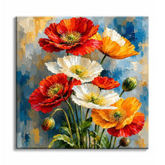 Red, orange, and cream poppies with textured petals and a blue-gray background in a mini paint by numbers design.