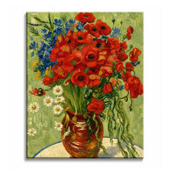 A poppy vase paint by numbers design showing red poppies, blue cornflowers and daisies in a brown jug against a green wall.