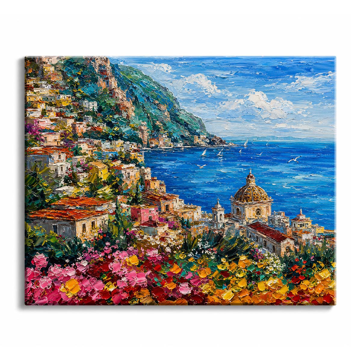 An Amalfi coast paint by numbers design showing terracotta roofs on a steep hillside above a blue bay, with a church dome and flowers in the foreground.