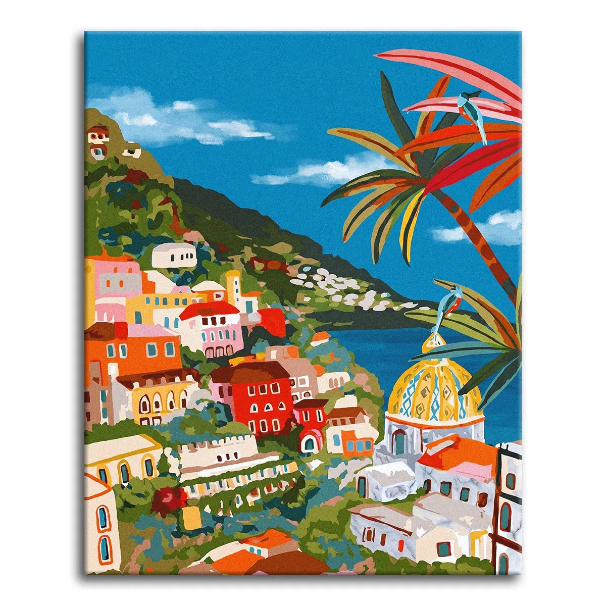 A paint by numbers canvas in modern folk-art style of a hillside town in coral and cream above a blue bay, with a golden tiled dome, a palm, and two hummingbirds.