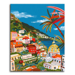 A paint by numbers canvas in modern folk-art style of a hillside town in coral and cream above a blue bay, with a golden tiled dome, a palm, and two hummingbirds.