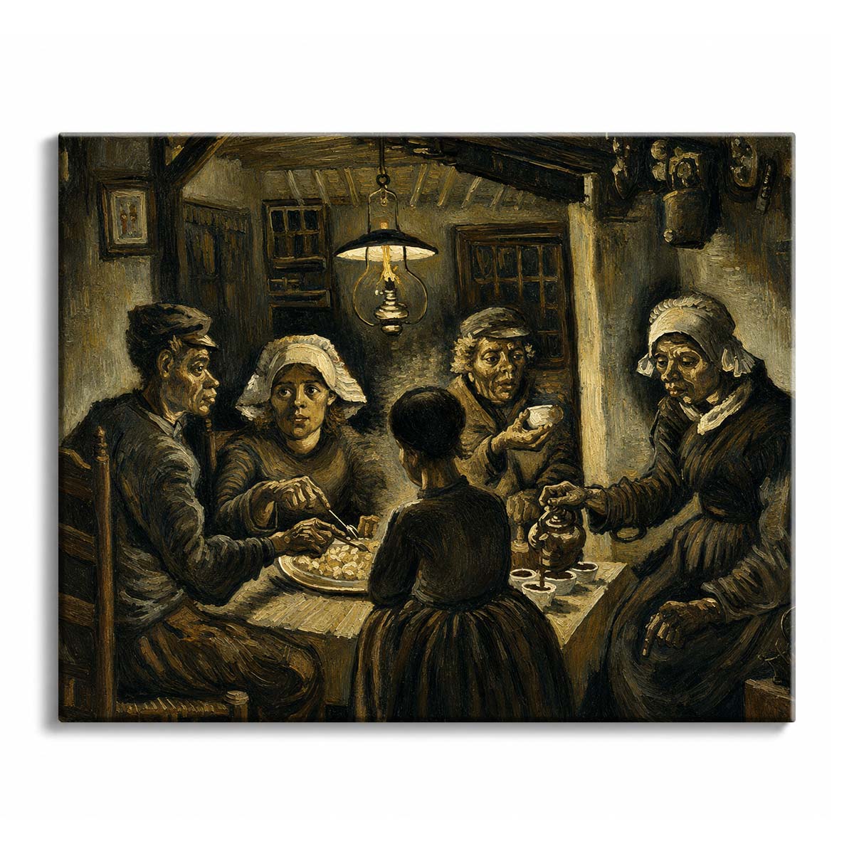 Five people share a plate of potatoes under a hanging lamp in a dark cottage room, in a paint by numbers design.
