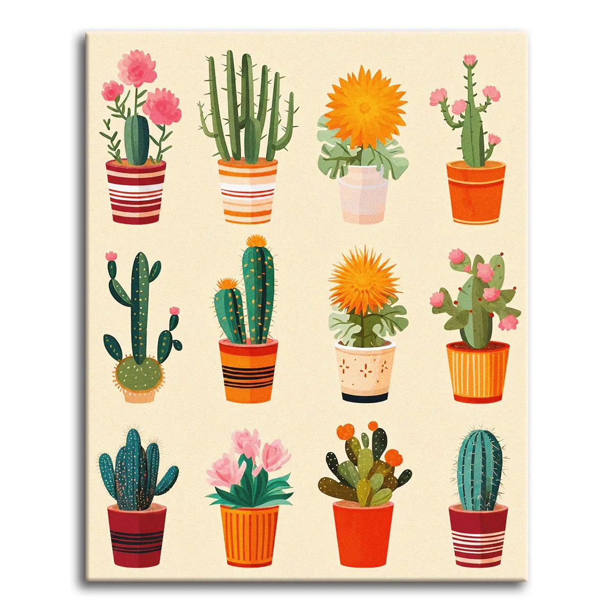 Twelve potted cacti and succulents in striped and terracotta pots arranged in a grid on a warm cream background, shown as a paint by numbers canvas.