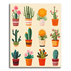 Twelve potted cacti and succulents in striped and terracotta pots arranged in a grid on a warm cream background, shown as a paint by numbers canvas.
