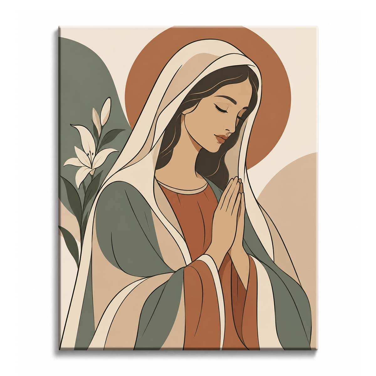 Eyes lowered and palms pressed together, a veiled praying Madonna is framed by a terracotta halo and a white lily at the left, in a paint by numbers design.