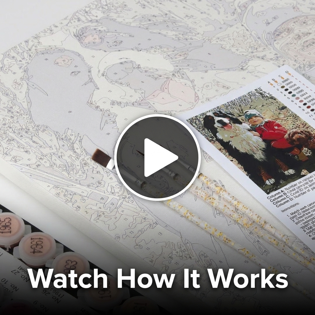 Video showing a custom paint by numbers canvas being painted from a customer photo, from the first sections to the finished artwork.