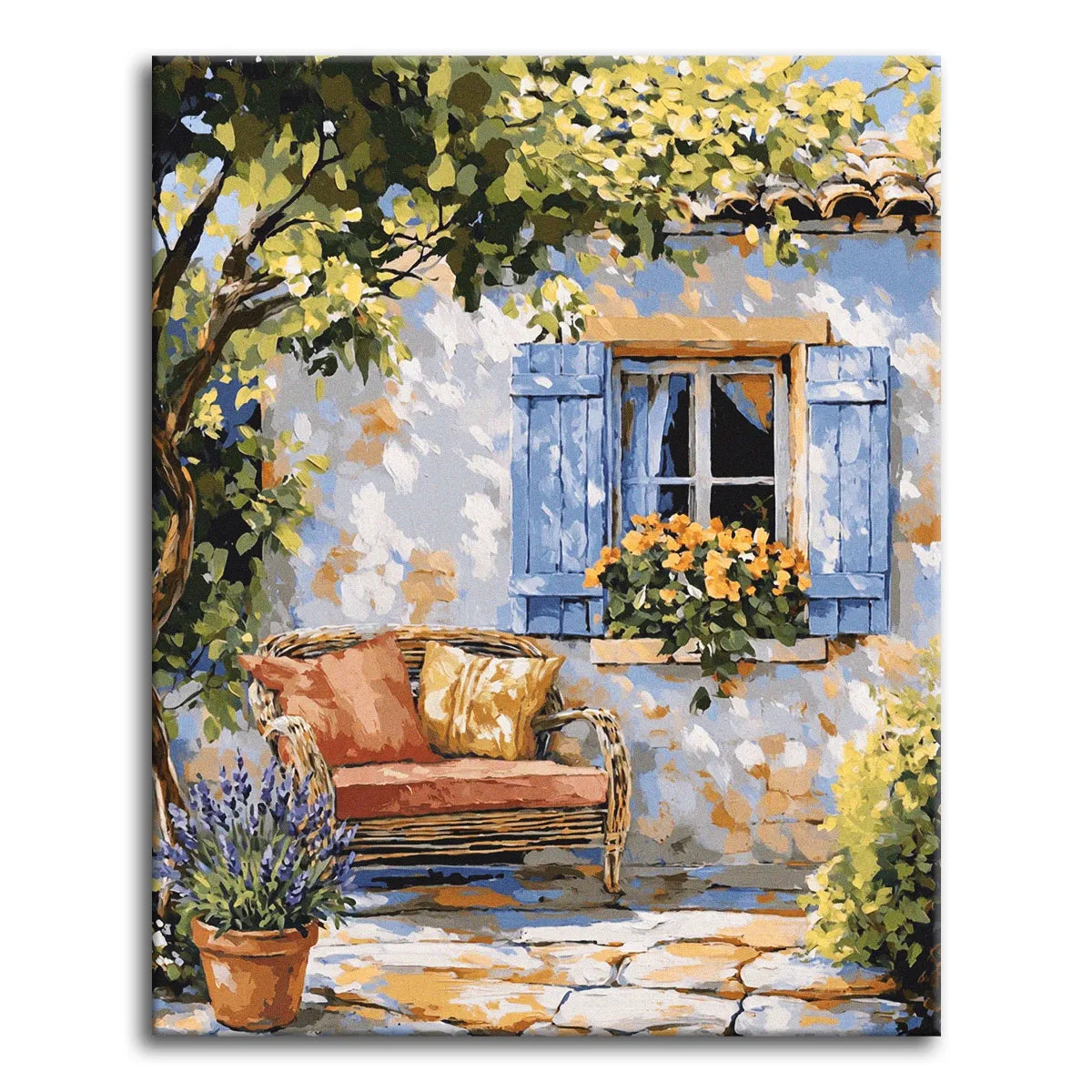 A warm impressionist paint by numbers scene of a sunlit Provence cottage terrace with blue window shutters, a flower box of orange blooms, a wicker bench with cushions, and a pot of lavender on a stone patio.