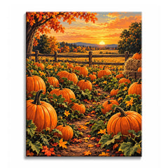 The setting sun lights a field of ripe pumpkins along a dirt path, autumn trees and hills beyond, in a paint by numbers design.