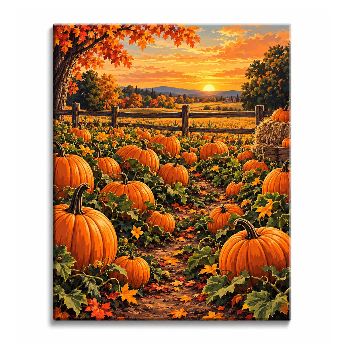The setting sun lights a field of ripe pumpkins along a dirt path, autumn trees and hills beyond, in a paint by numbers design.